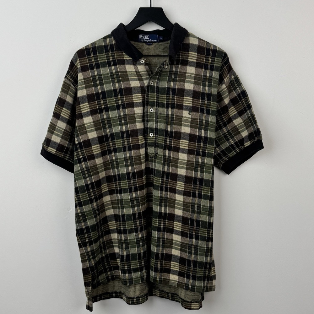 VTG Polo Ralph Lauren Shirt XL Brown Plaid Golf Heavy Cotton Casual Short Sleeve